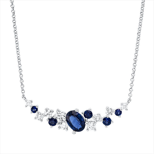 Collier 18 kt WG, 3 Brill. 0,16 ct, 6 Brill. 0,15 ct, TW-si, 2 Saphire 0,49 ct blau, 5 Saphire 0,23 ct blau