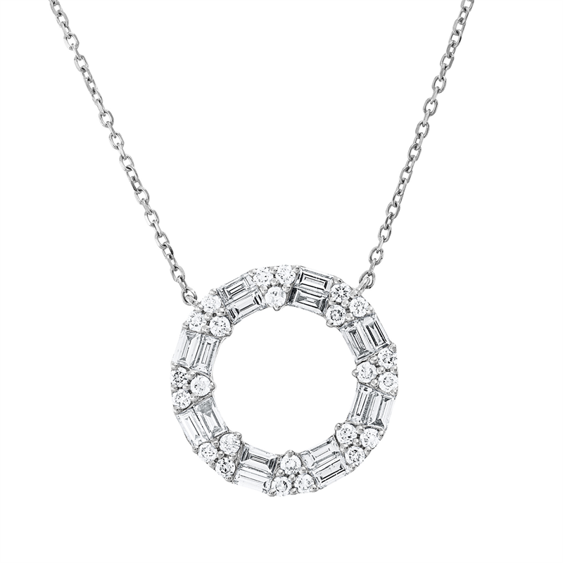 Collier 18 kt WG, mit ZÖ 41 cm, 16 Bag. 0,28 ct, TW-vsi, 24 Brill. 0,13 ct, TW-si