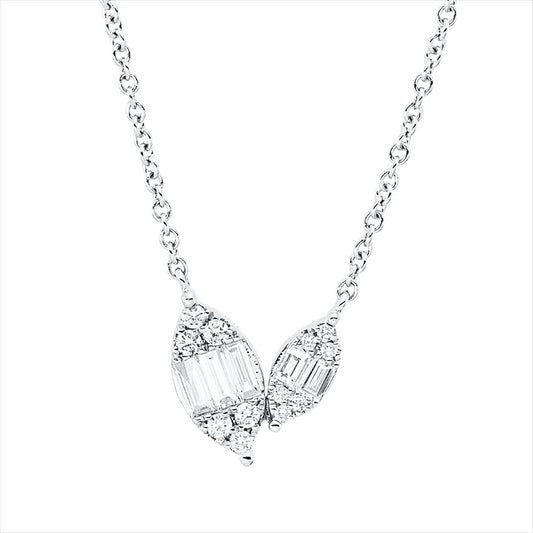 Collier 18 kt WG, mit ZÖ 40 cm, 5 Bag. 0,20 ct, TW-si, 12 Brill. 0,09 ct, TW-si