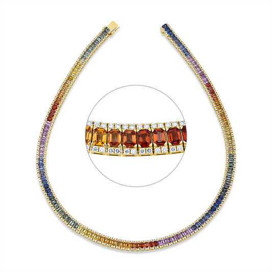 Collier 18 kt GG, 544 Brill. 6,37 ct, W-si, 136 Saphire 28,86 ct fancy