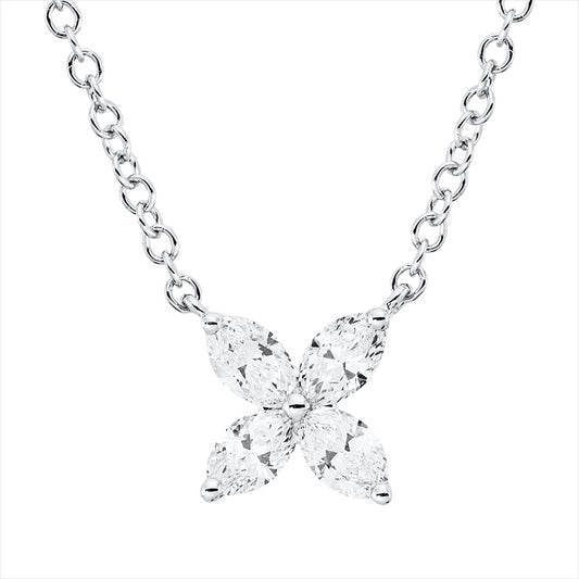 Collier 18 kt WG, mit ZÖ 40 cm, 4 Nav. 0,48 ct, TW-vsi