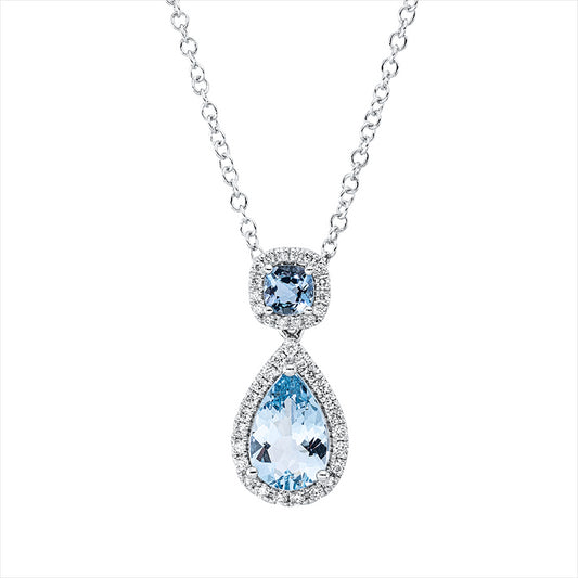 Collier 18 kt WG, mit ZÖ 40 cm, 39 Brill. 0,17 ct, TW-si, 1 Aquamarin 1,09 ct, 1 Aquamarin 0,22 ct