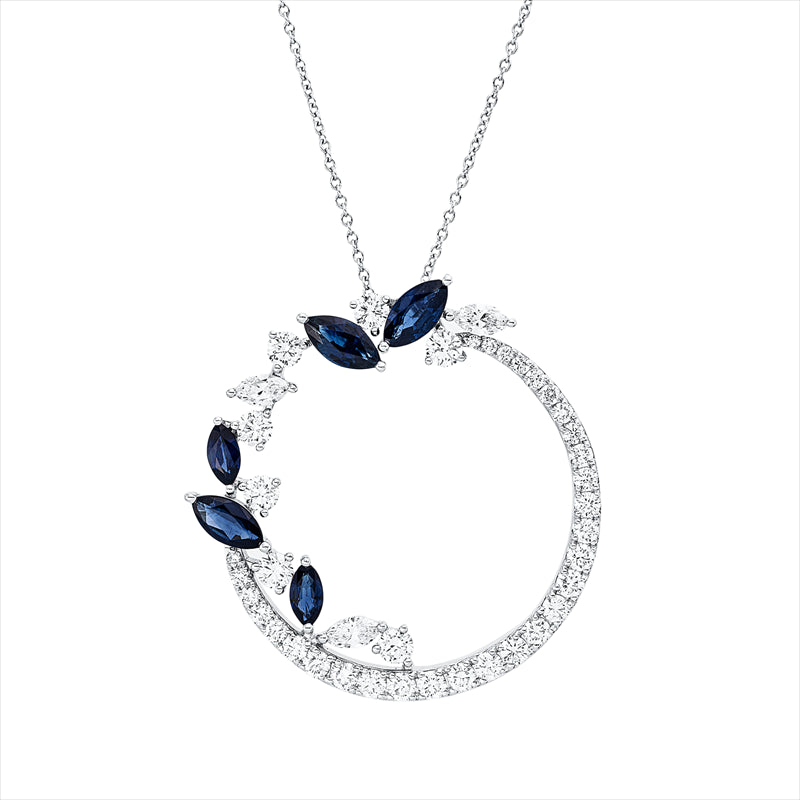 Collier 18 kt WG, mit ZÖ 40 cm + 43 cm, 3 Nav. 0,54 ct, 37 Brill. 2,41 ct, F-vsi, 5 Saphire 3,05 ct blau