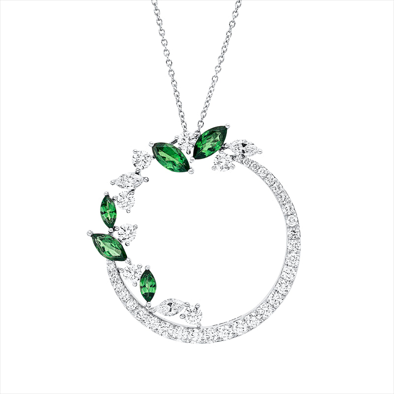 Collier 18 kt WG, 3 Nav. 0,57 ct, F-vsi, 37 Brill. 2,31 ct, F-vsi, 5 Tsavorith 2,10 ct grün