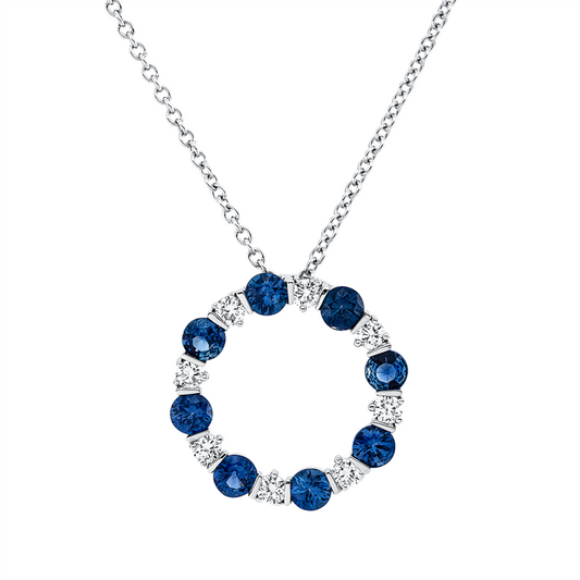 Collier 18 kt WG, mit ZÖ 40 cm + 43 cm, 8 Brill. 0,28 ct, F-vsi, 8 Saphire 1,03 ct blau