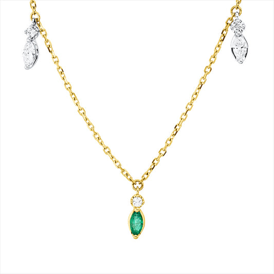 Collier 18 kt GG+WG, mit ZÖ 40 cm, 2 Nav. 0,13 ct, TW-si, 5 Brill. 0,07 ct, TW-si, 3 Smaragde 0,24 ct grün