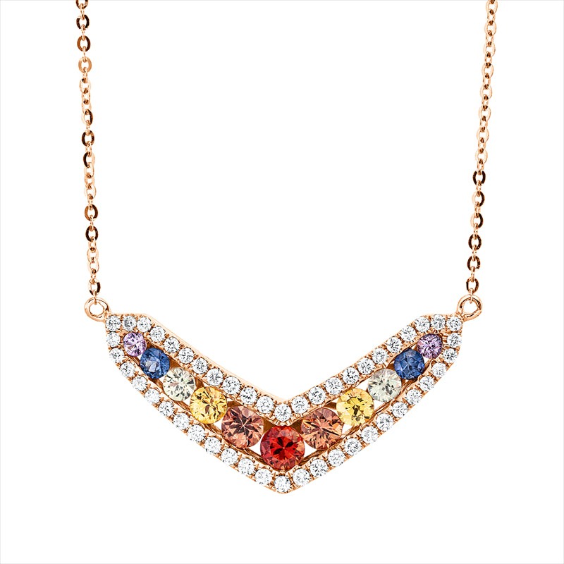 Collier 18 kt RG, mit ZÖ 40 cm + 43 cm, 48 Brill. 0,30 ct, TW-si, 11 Saphire 1,03 ct multicolor