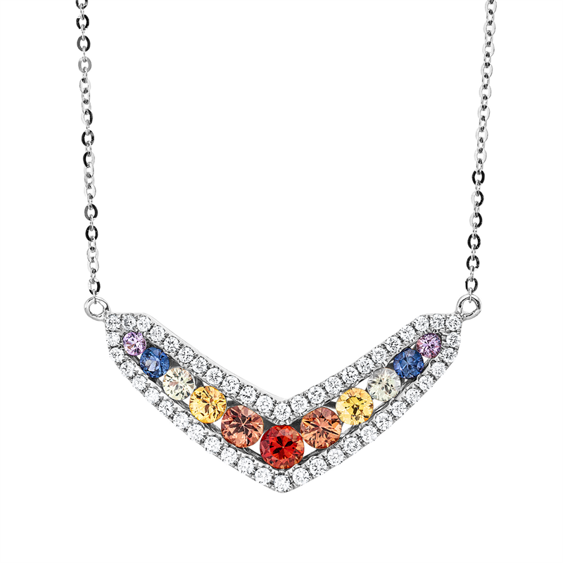 Collier 18 kt WG, mit ZÖ 40,6+43cm, 48 Brill. 0,30 ct, TW-si, 11 Saphire 0,95 ct multicolor
