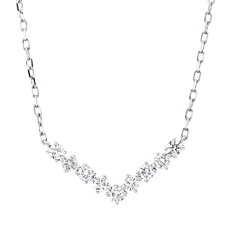 Collier 18 kt WG, mit ZÖ 40 cm + 43 cm, 9 Brill. 0,36 ct, TW-pi
