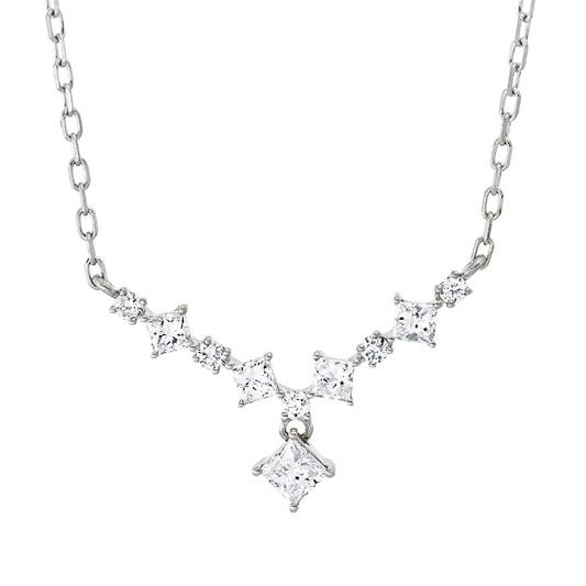 Collier 18 kt WG, ZÖ 40,6+43 cm, 4 Princ. 0,20 ct, TW-si, 1 Princ. 0,11 ct, TW-si, 5 Brill. 0,07 ct, TW-pi