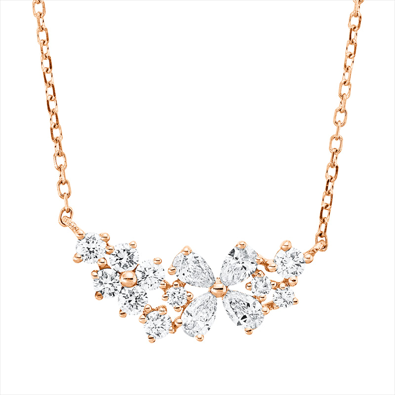 Collier 18 kt RG, mit ZÖ 40,6 cm, 4 Tropfen 0,22 ct, TW-vsi, 10 Brill. 0,25 ct, TW-si