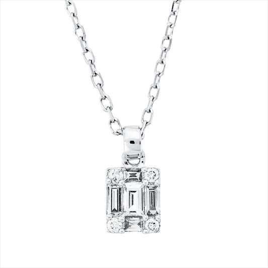 Collier 18 kt WG, mit ZÖ 40,6 cm, 5 Bag. 0,12 ct, TW-vsi, 4 Brill. 0,02 ct, TW-si