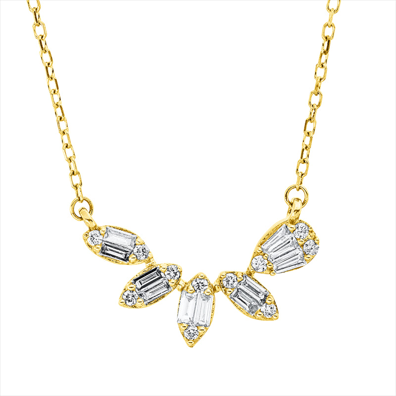 Collier 18 kt GG, mit ZÖ 40,6 cm, 8 Bag. 0,10 ct, TW-vsi, 3 Trap.0,04 ct, TW-vsi, 11 Brill.0,06 ct, TW-si
