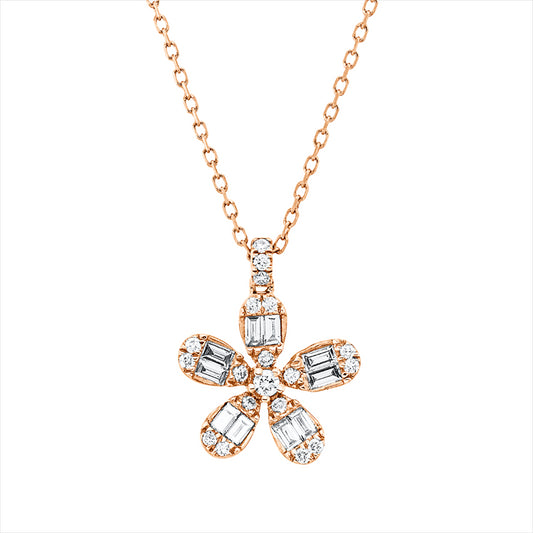 Collier 18 kt RG, mit ZÖ 40,6 cm, 10 Bag. 0,20 ct, TW-vsi, 19 Brill. 0,12 ct, TW-si
