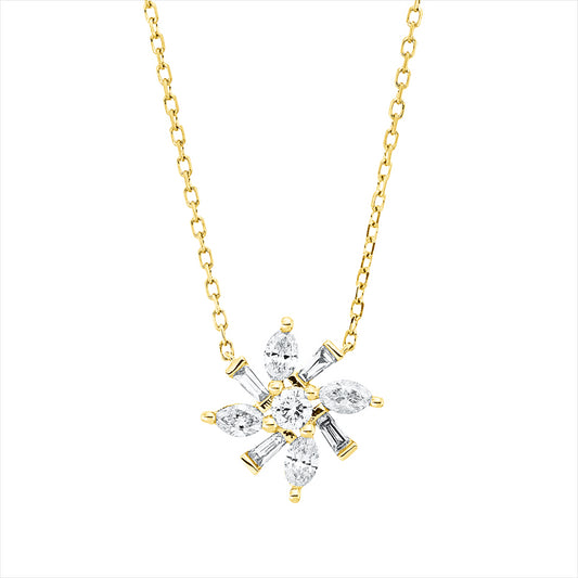 Collier 18 kt GG, mit ZÖ 40,6 cm, 4 Nav. 0,23 ct, TW-vsi, 4 Trap. 0,07 ct, TW-vsi, 1 Brill. 0,06 ct, TW-si