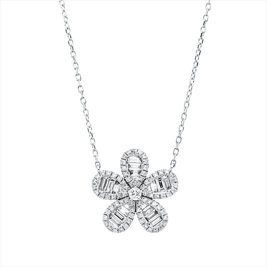 Collier 18 kt WG, mit ZÖ 40,6 cm, 15 Bag. 0,32 ct, TW-vsi, 76 Brill. 0,23 ct, TW-si