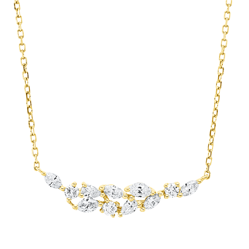 Collier 18 kt GG, mit ZÖ 40,6 cm, 6 Nav. 0,24 ct, TW-vsi, 2 Tropfen 0,07 ct, TW-vsi, 3 Brill. 0,09 ct, TW-si