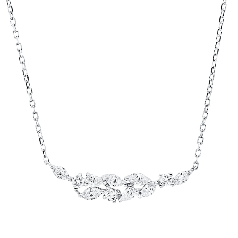 Collier 18 kt WG, 2 Tropfen 0,07 ct, TW-vsi, 6 Nav. 0,24 ct, TW-vsi, 3 Brill. 0,09 ct, TW-si