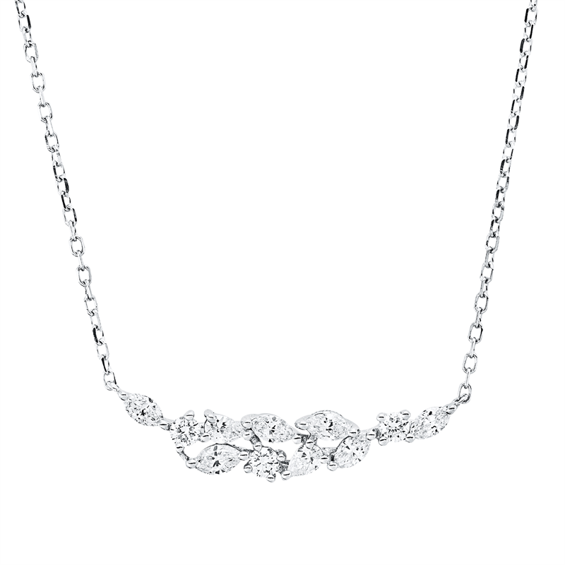 Collier 18 kt WG, mit ZÖ 40,6 cm, 2 Tropfen 0,07 ct, TW-vsi, 6 Nav. 0,24 ct, TW-vsi, 3 Brill. 0,09 ct, TW-si