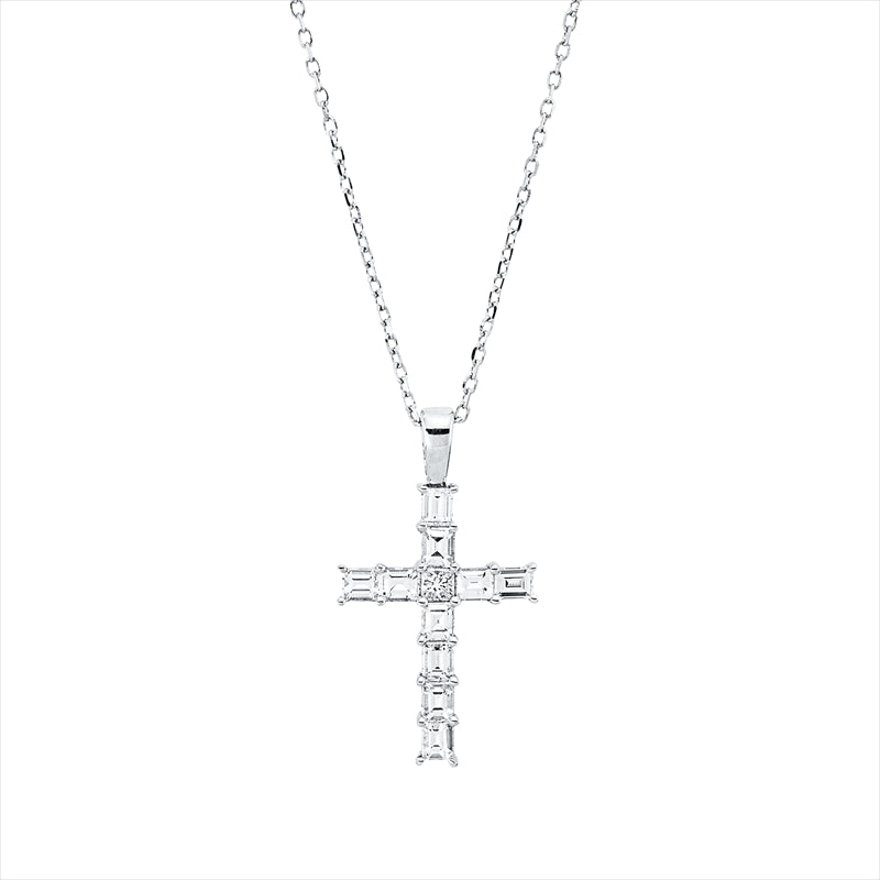 Collier 18 kt WG, mit ZÖ 40,6 cm, 1 Princ. 0,05 ct, TW-vsi, 10 Bag. 0,60 ct, TW-vsi