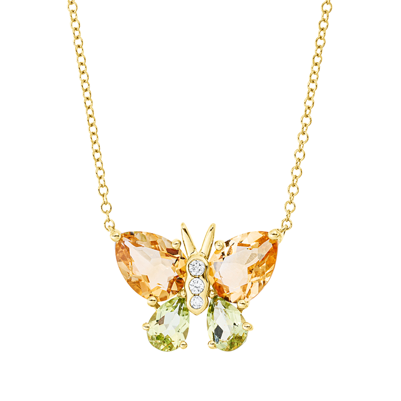 Collier 18 kt GG, mit ZÖ 40,6 cm, 3 Brill. 0,05 ct, TW-si, 2 Citrin 2,10 ct gelb, 2 Peridot 0,80 ct grün