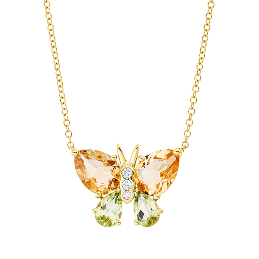 Collier 18 kt GG, mit ZÖ 40,6 cm, 3 Brill. 0,05 ct, TW-si, 2 Citrin 2,10 ct gelb, 2 Peridot 0,80 ct grün