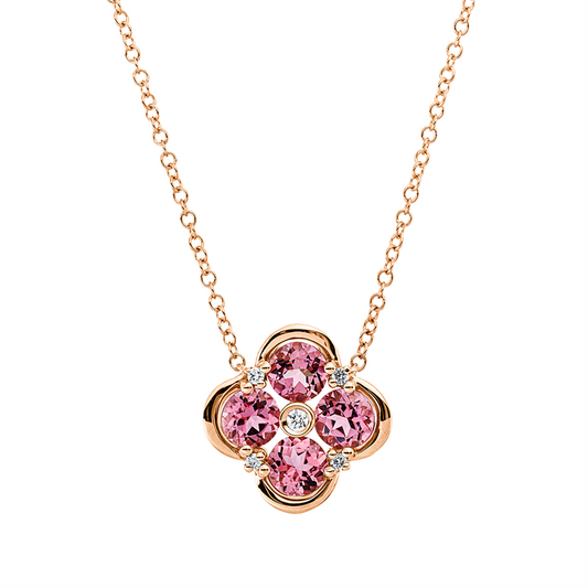 Collier 18 kt RG, mit ZÖ 40,6 cm, 5 Brill. 0,05 ct, TW-si, 4 Turmalin 1,10 ct pink