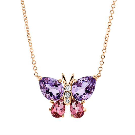 Collier 18 kt RG, 3 Brill. 0,05 ct, TW-si, 2 Amethyste 2,10 ct pink, 2 Turmalin 0,80 ct pink