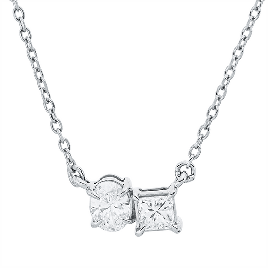 Collier 18 kt WG, mit ZÖ 40 cm + 42 cm, 1 Princ. 0,14 ct, TW-si, 1 Oval 0,15 ct, TW-si