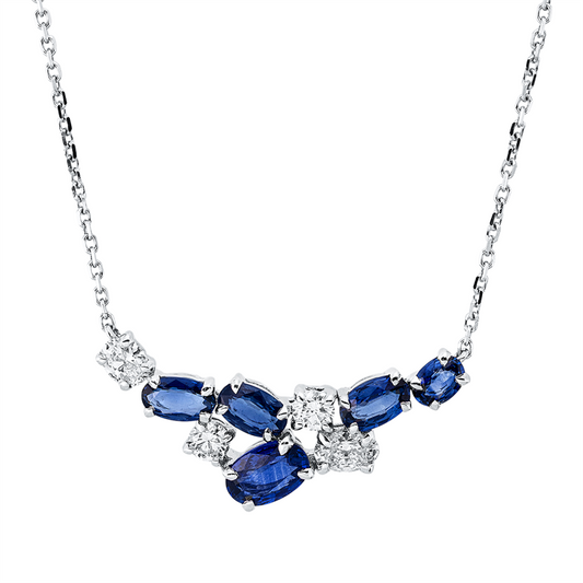 Collier 18 kt WG, 2 Oval 0,31 ct, TW-si, 2 Brill. 0,18 ct, TW-si, 5 Saphire 1,55 ct blau