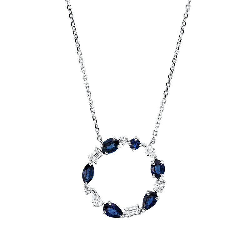 Collier 18 kt WG, 7 Fant-Schl. 0,38 ct, TW-si, 6 Saphire 1,22 ct blau