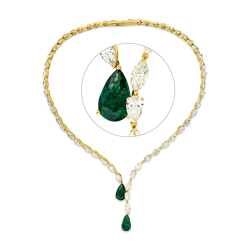 Collier 18 kt GG, 27 Nav. 13,66 ct, gelb, 26 Tropfen 13,11 ct, gelb,, 2 Smaragde 7,04 ct grün