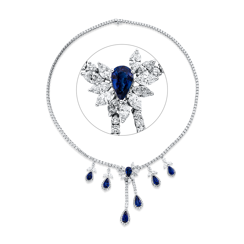 Collier 18 kt WG, 23 Nav. 4,51 ct, F-vsi/si, 285 Brill. 11,32 ct, TW-si, 7 Saphire 10,47 ct blau