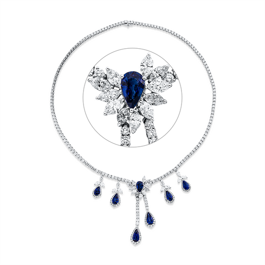 Collier 18 kt WG, 23 Nav. 4,51 ct, F-vsi/si, 285 Brill. 11,32 ct, TW-si, 7 Saphire 10,47 ct blau
