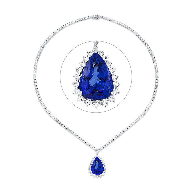 Collier 18 kt WG, 20 Brill. 1,39 ct, 1 Tropfen 0,22 ct, 157 Brill. 12,48 ct, TW-si, 1 Tansanit 15,04 ct blau