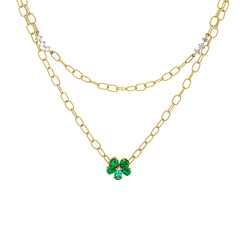 Collier 18 kt GG, 8 Brill. 0,30 ct, TW-si, 1 Brill. 0,01 ct, TW-si, 5 Smaragde 0,81 ct grün