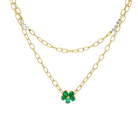 Collier 18 kt GG, 8 Brill. 0,30 ct, TW-si, 1 Brill. 0,01 ct, TW-si, 5 Smaragde 0,81 ct grün