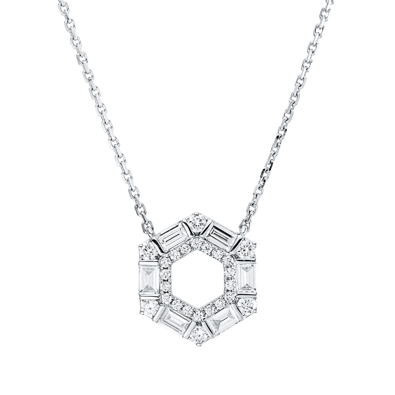 Collier 18 kt WG, 6 Brill. 0,18 ct, TW-si, 6 Bag. 0,44 ct, F-vsi, 18 Brill. 0,08 ct, TW-si