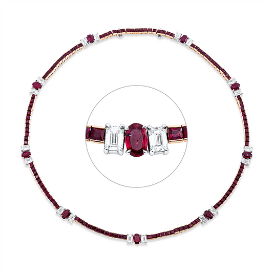 Collier 18 kt RG+WG, GIA_18pcs, 18 Sm.schliff 5,47 ct, D-vvs/vs, 9 Rubine 5,27 ct rot, 113 Rubine 11,10 ct rot