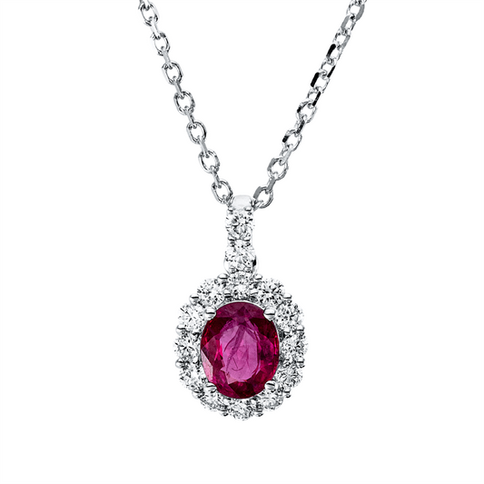 Collier 18 kt WG, mit ZÖ 40,6 cm, 14 Brill. 0,25 ct, TW-si, 1 Rubin 0,61 ct rot