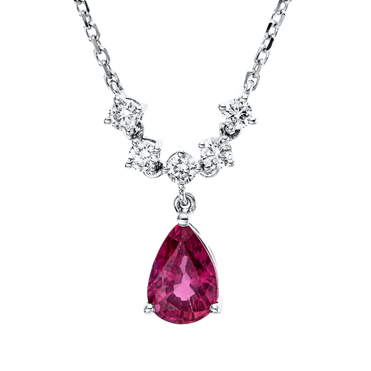 Collier 18 kt WG, mit ZÖ 40,6 cm, 5 Brill. 0,17 ct, W-si/pi, 1 Rubin 0,92 ct rot