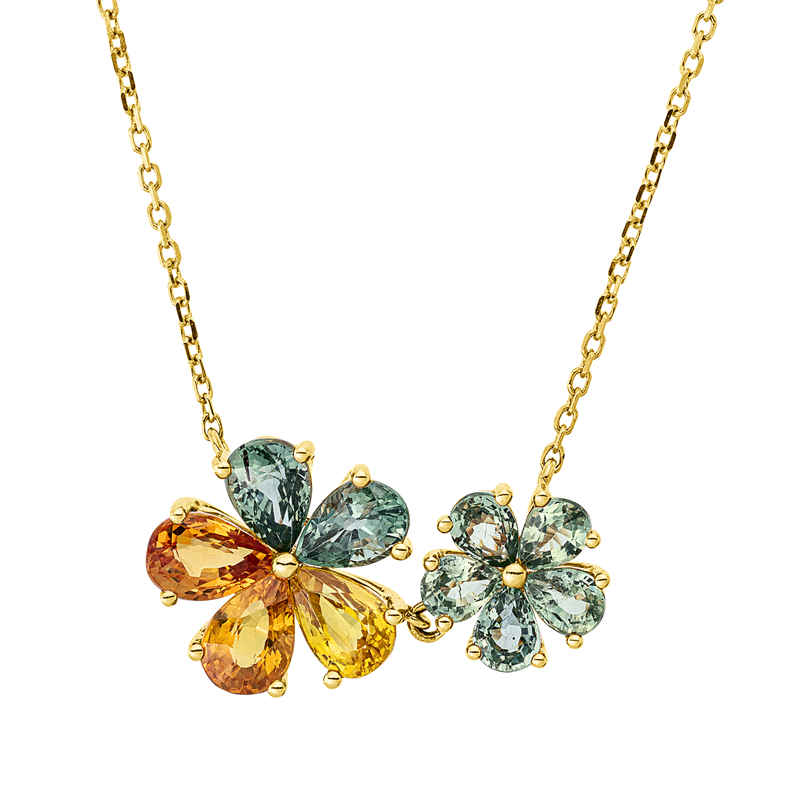 Collier 18 kt GG, 3 Saphire 3,20 ct orange, 7 Saphire 1,07 ct grün