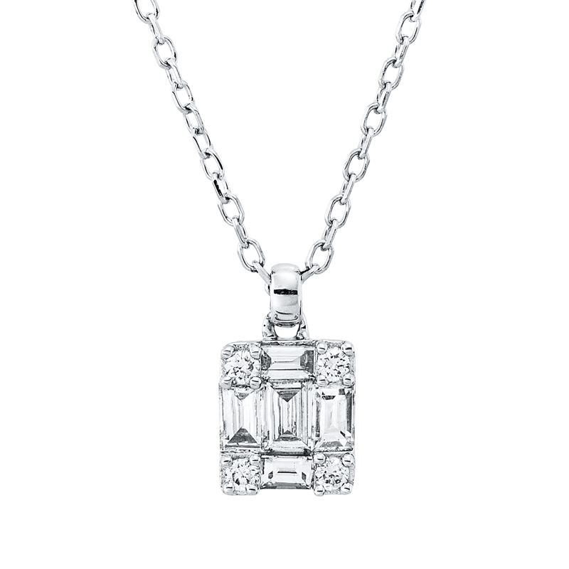 Collier 18 kt WG, mit ZÖ 40 cm, 5 Bag. 0,19 ct, TW-vsi, 4 Brill. 0,04 ct, TW-si