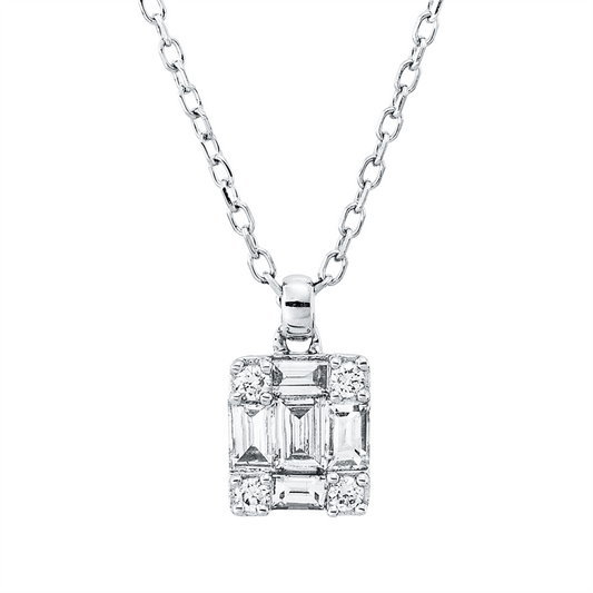 Collier 18 kt WG, mit ZÖ 40 cm, 5 Bag. 0,19 ct, TW-vsi, 4 Brill. 0,04 ct, TW-si