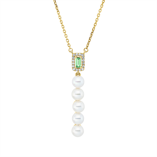 Collier 18 kt GG, mit ZÖ 40 cm, 16 Brill. 0,06 ct, TW-si, 1 Tsavorith 0,11 ct grün, 5 SW weiß 4,5 mm
