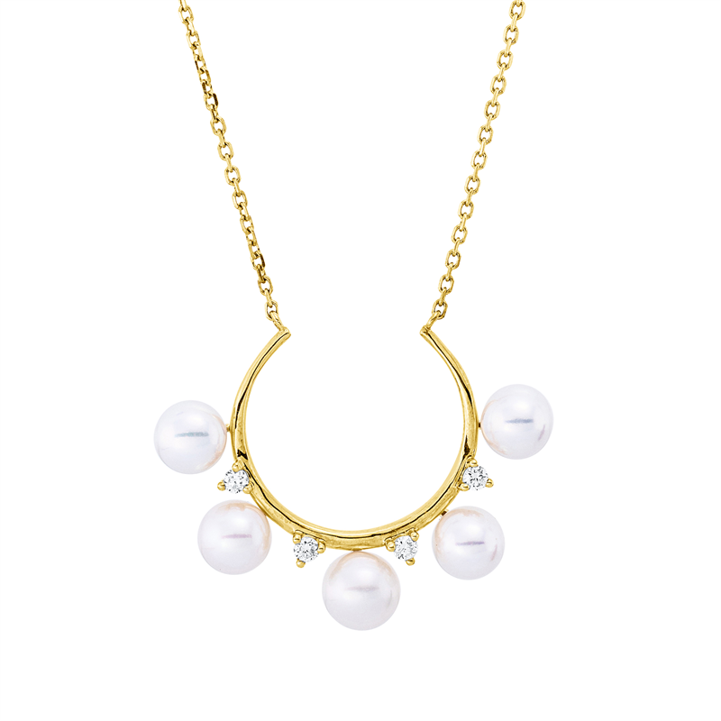 Collier 18 kt GG, mit ZÖ 40 cm, 4 Brill. 0,09 ct, TW-si, 4 SW weiß 5 mm, 1 SW weiß 5,5 mm