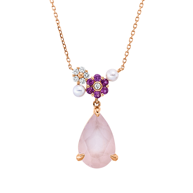 Collier 18 kt RG, mit ZÖ 40 cm, 6 Brill. 0,11 ct, TW-si, 1 Quarz 3,44 ct pink, 6 Saphire 0,24 ct pink, 2 SW weiß 3,25 mm