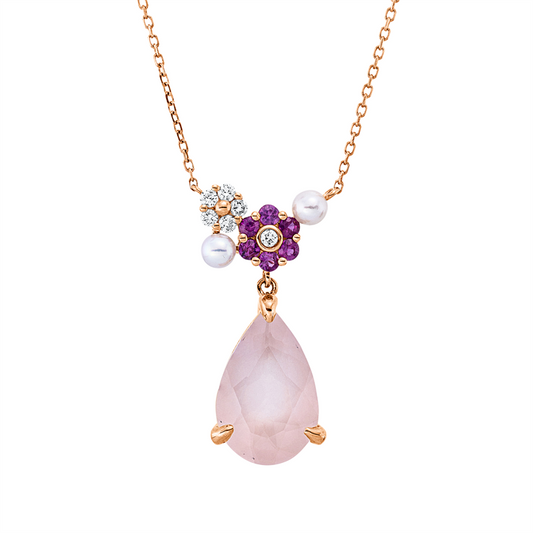 Collier 18 kt RG, mit ZÖ 40 cm, 6 Brill. 0,11 ct, TW-si, 1 Quarz 3,44 ct pink, 6 Saphire 0,24 ct pink, 2 SW weiß 3,25 mm