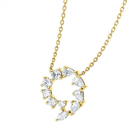 Collier 18 kt GG, mit ZÖ 40 cm, 4 Tropfen 0,22 ct, TW-vsi, 1 Nav. 0,05 ct, TW-vsi, 5 Brill. 0,21 ct, TW-si