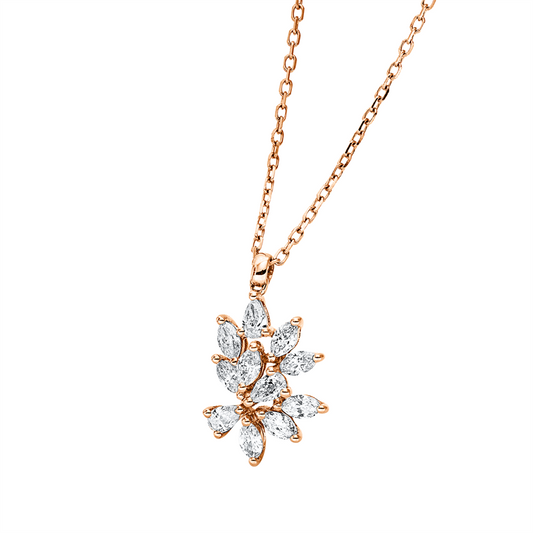 Collier 18 kt RG, mit ZÖ 40 cm, 3 Tropfen 0,11 ct, TW-vsi, 8 Nav. 0,27 ct, TW-vsi
